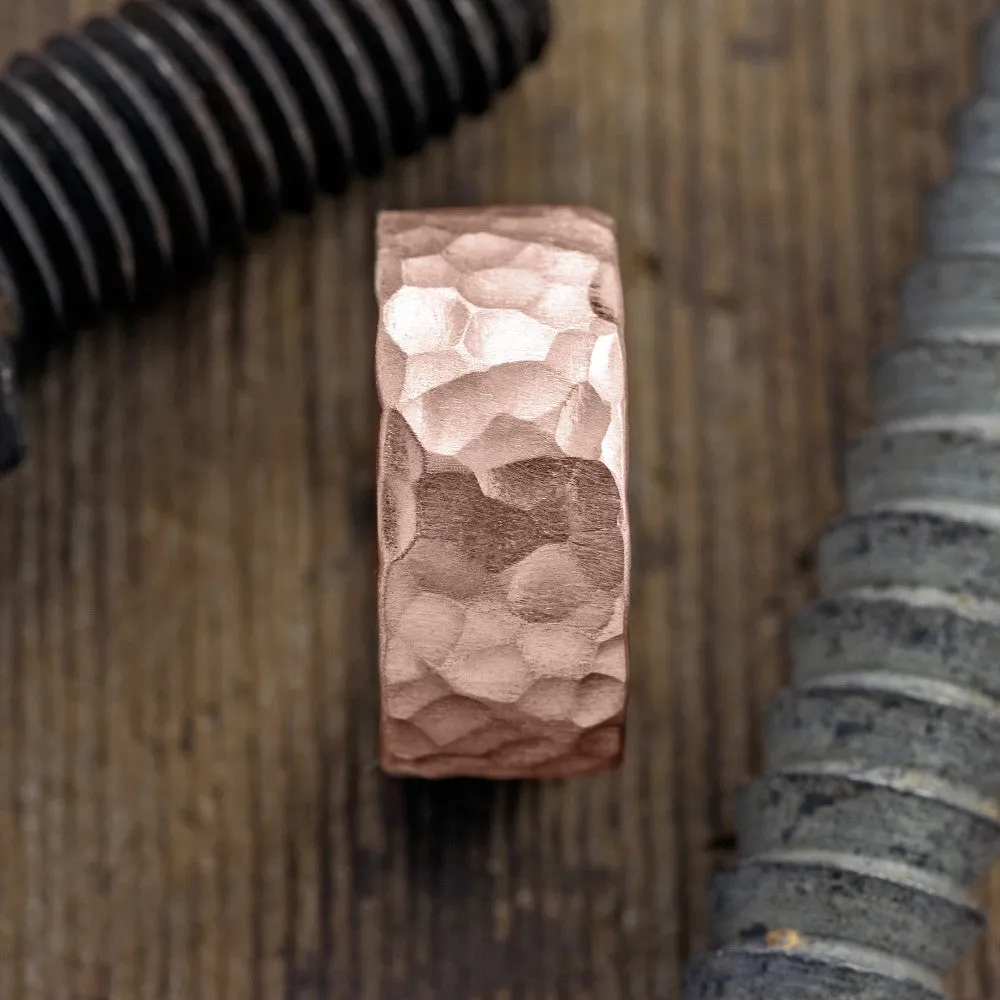 10mm 14k Rose Gold Mens Wedding Band, Hammered Matte