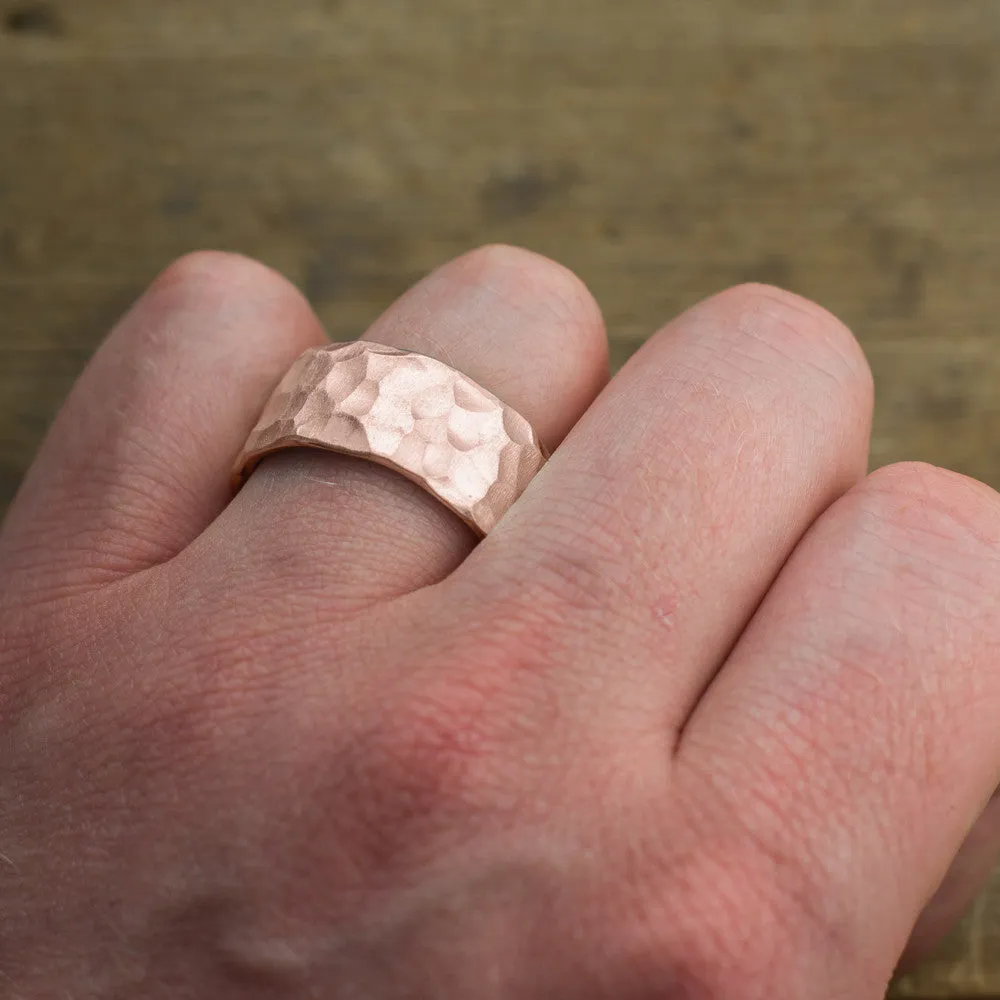 10mm 14k Rose Gold Mens Wedding Band, Hammered Matte