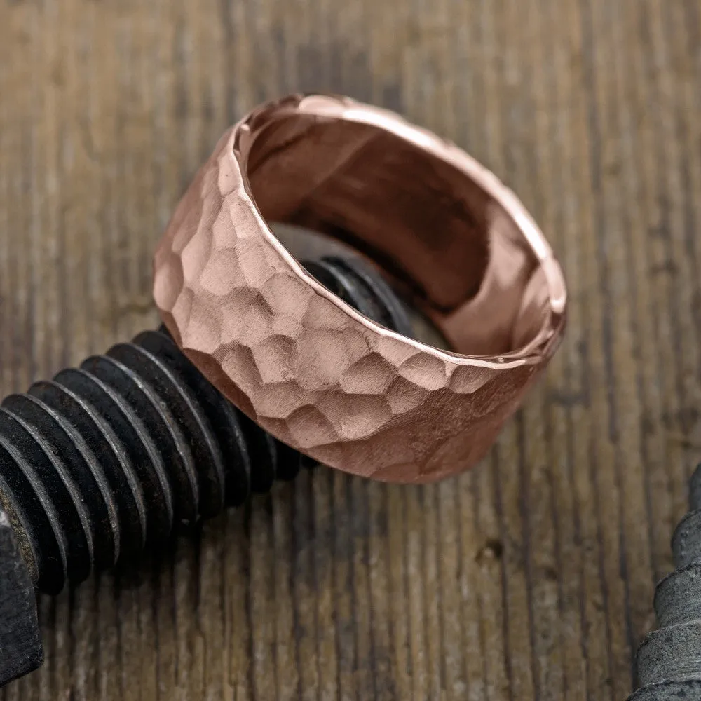10mm 14k Rose Gold Mens Wedding Band, Hammered Matte