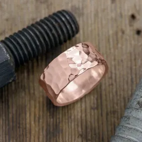 10mm 14k Rose Gold Mens Wedding Band, Hammered Polished