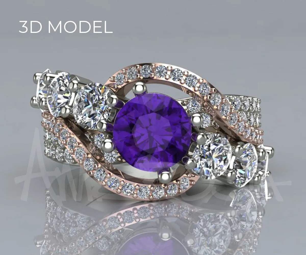Amethyst Diamond Swirl Rose Gold Ring