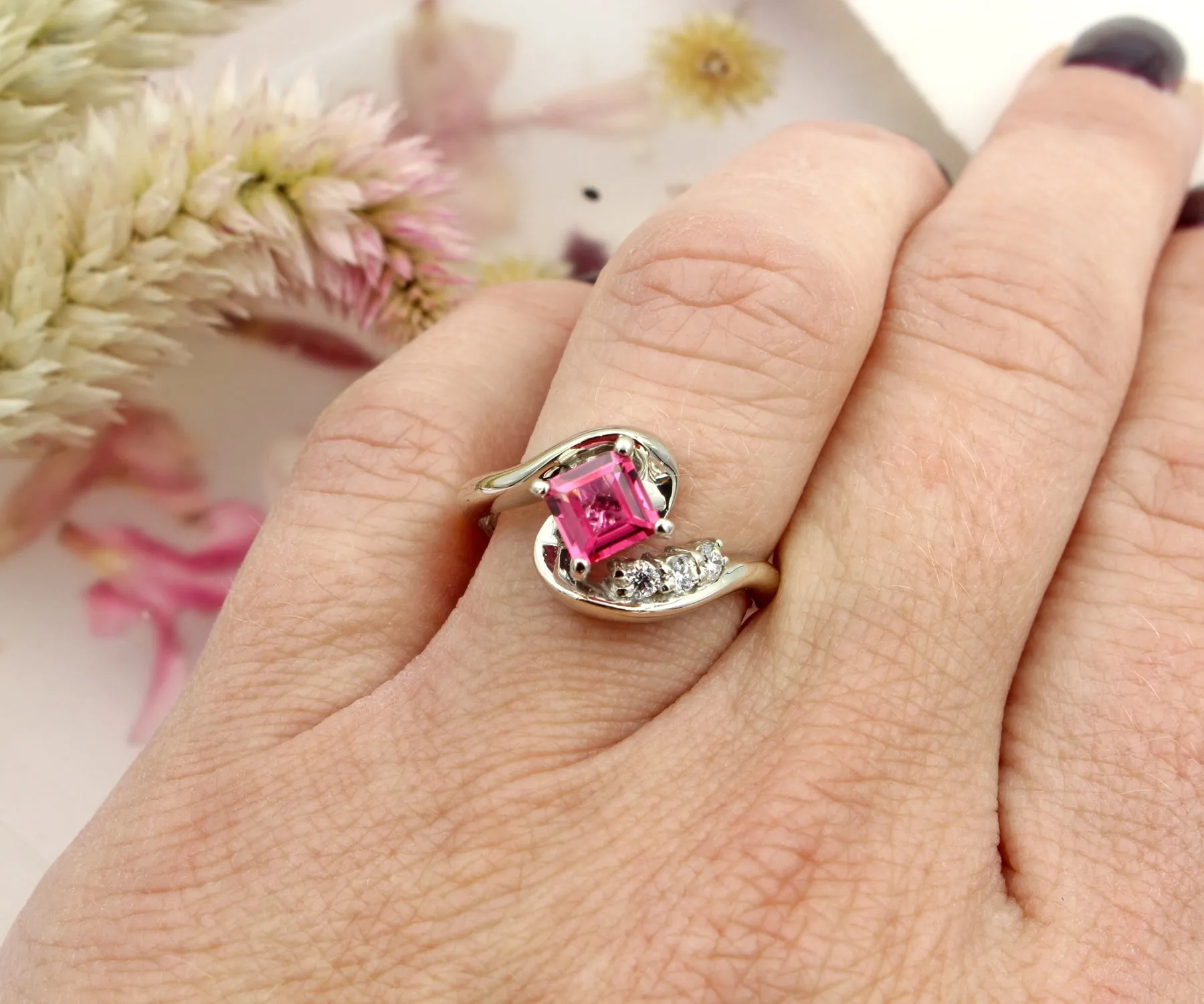 Asymmetrical Twist Pink Spinel Diamond Engagement Ring