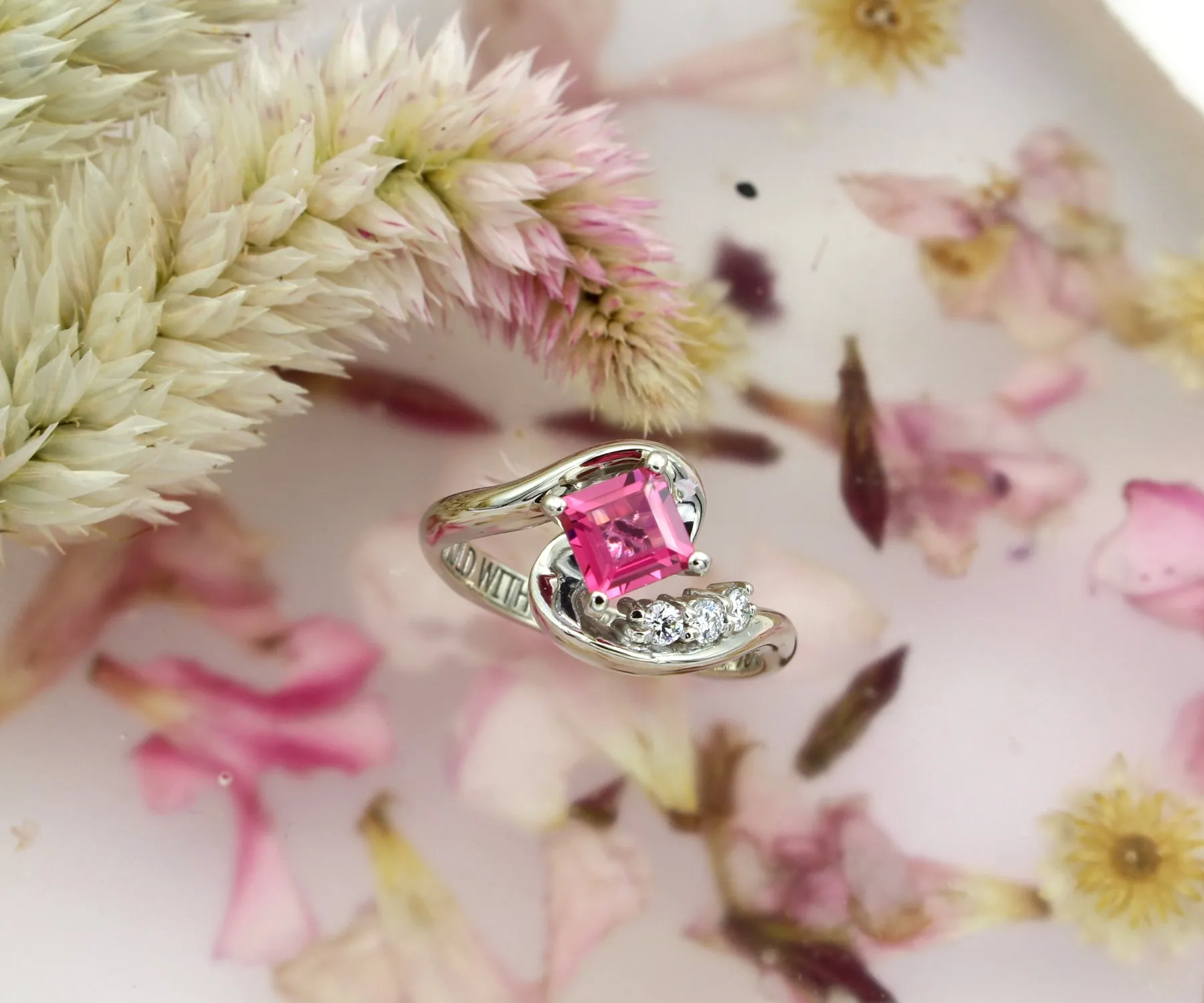 Asymmetrical Twist Pink Spinel Diamond Engagement Ring