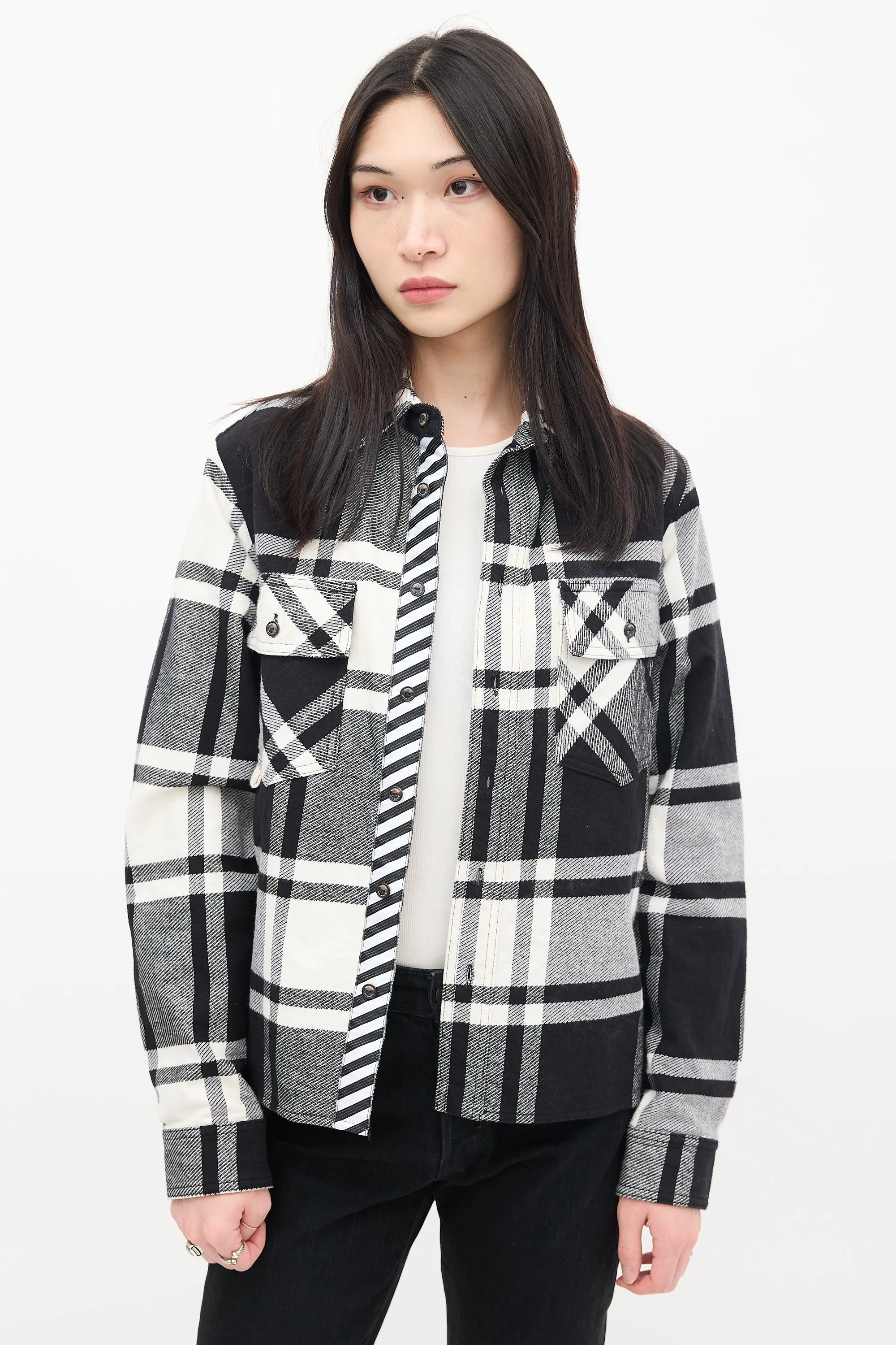 Black & White Cotton Plaid Graffiti Logo Shirt