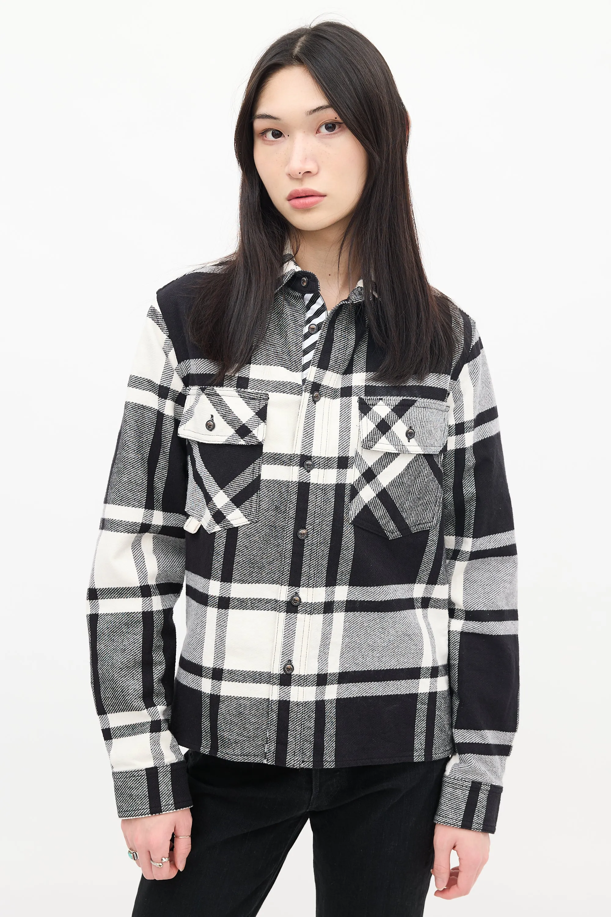 Black & White Cotton Plaid Graffiti Logo Shirt
