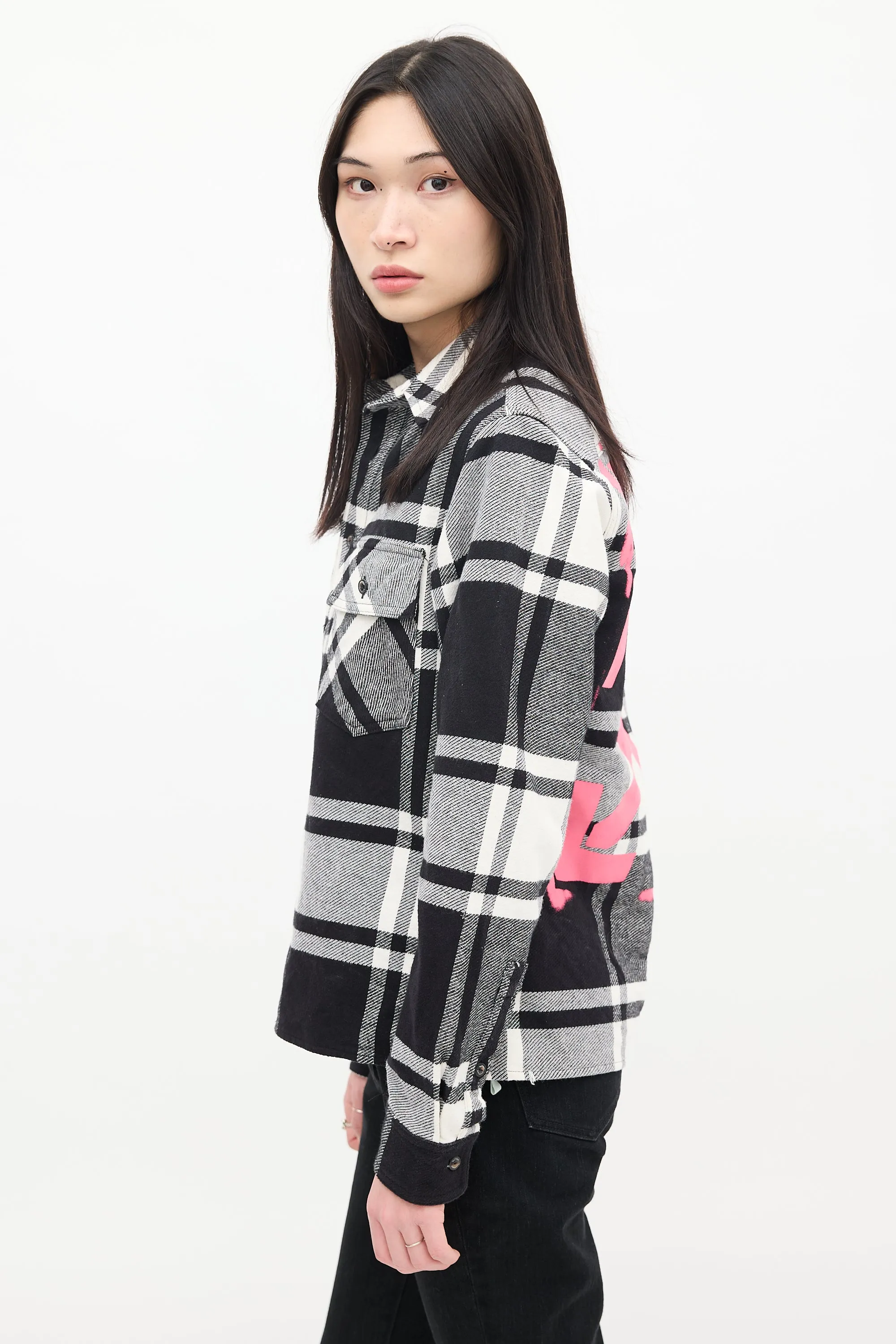 Black & White Cotton Plaid Graffiti Logo Shirt