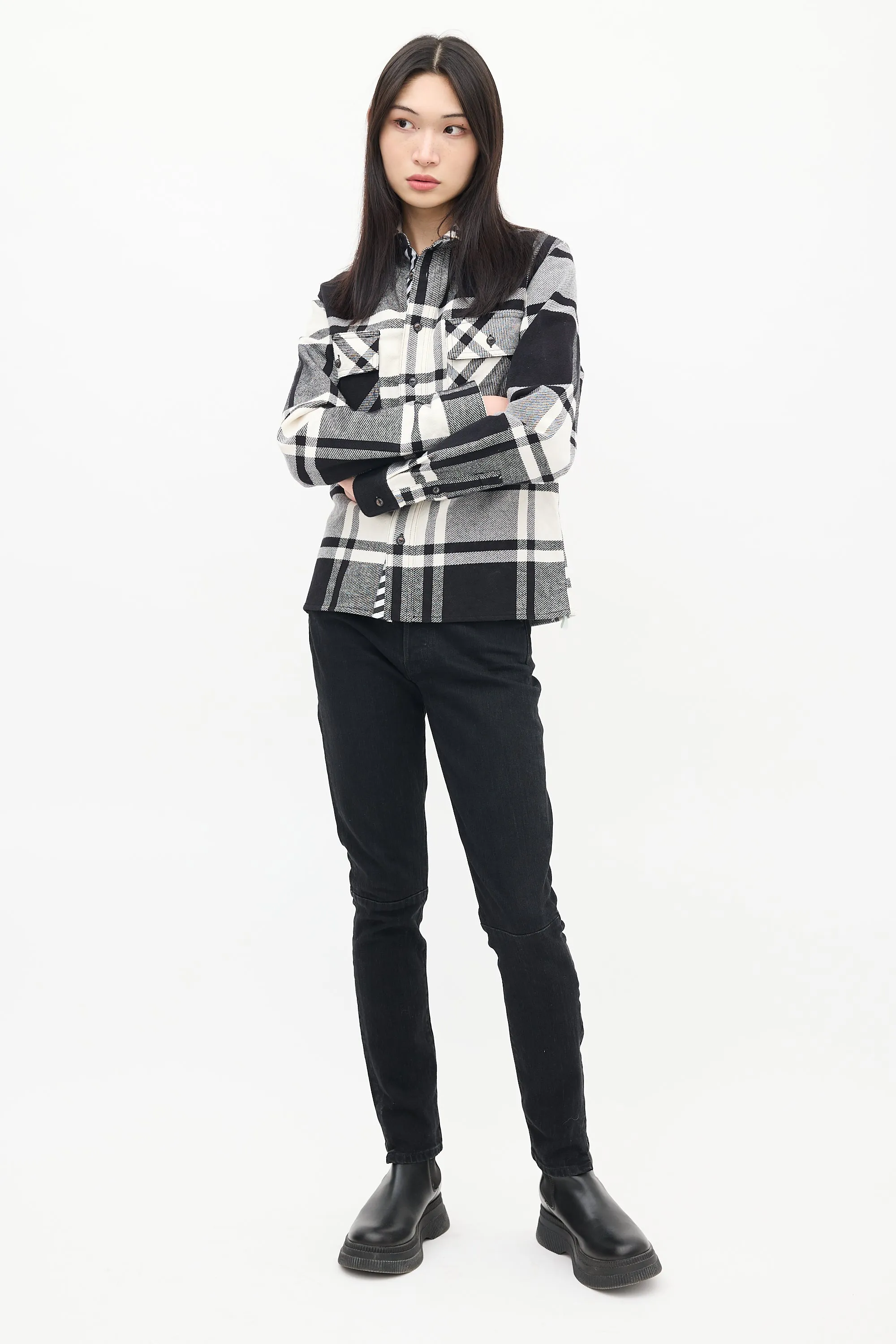 Black & White Cotton Plaid Graffiti Logo Shirt
