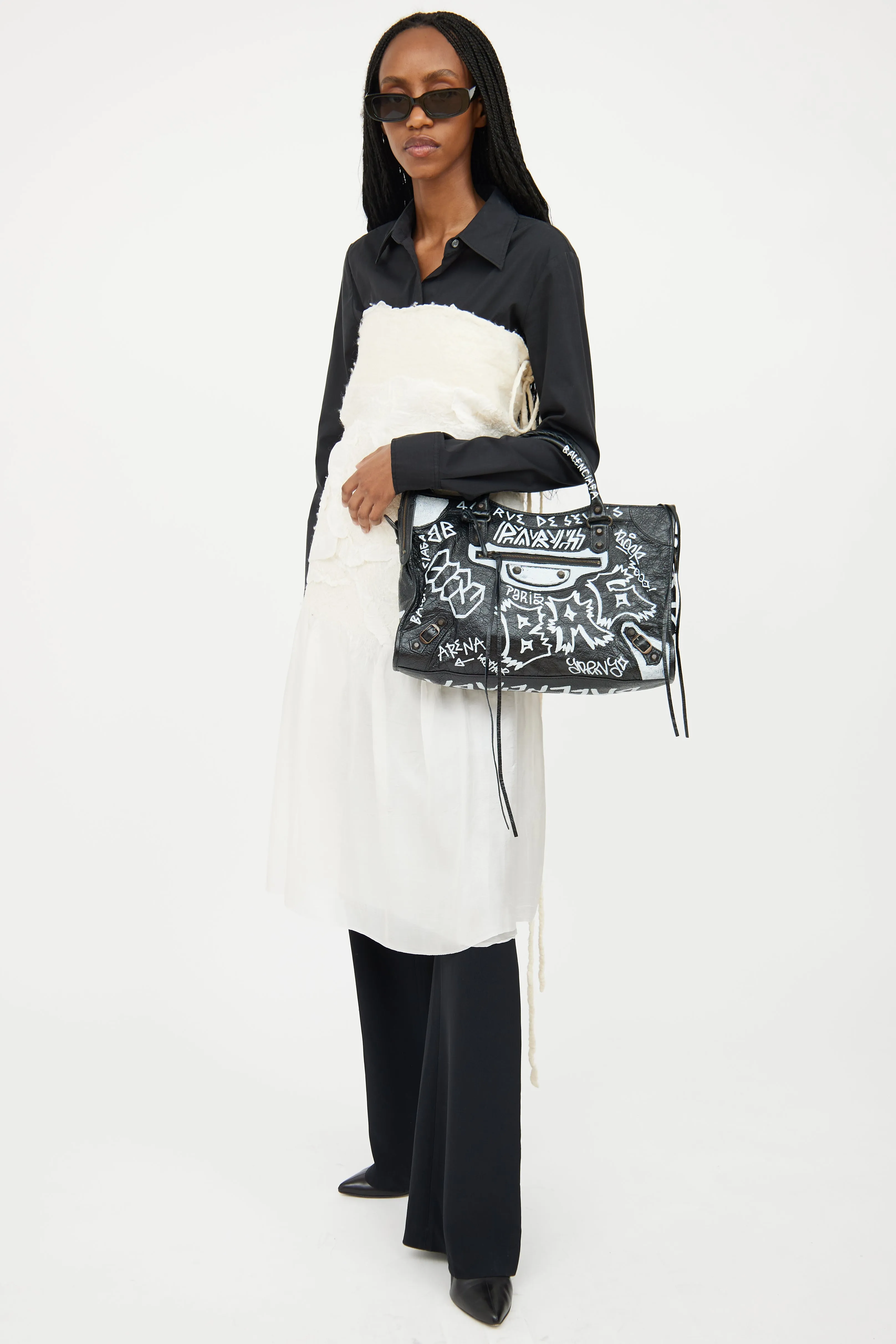 Black & White Leather City Graffiti Bag