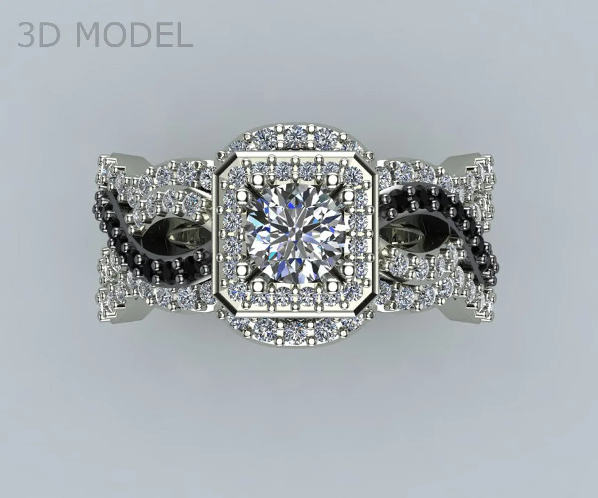 Black and White Diamond Halo Wedding Ring Set