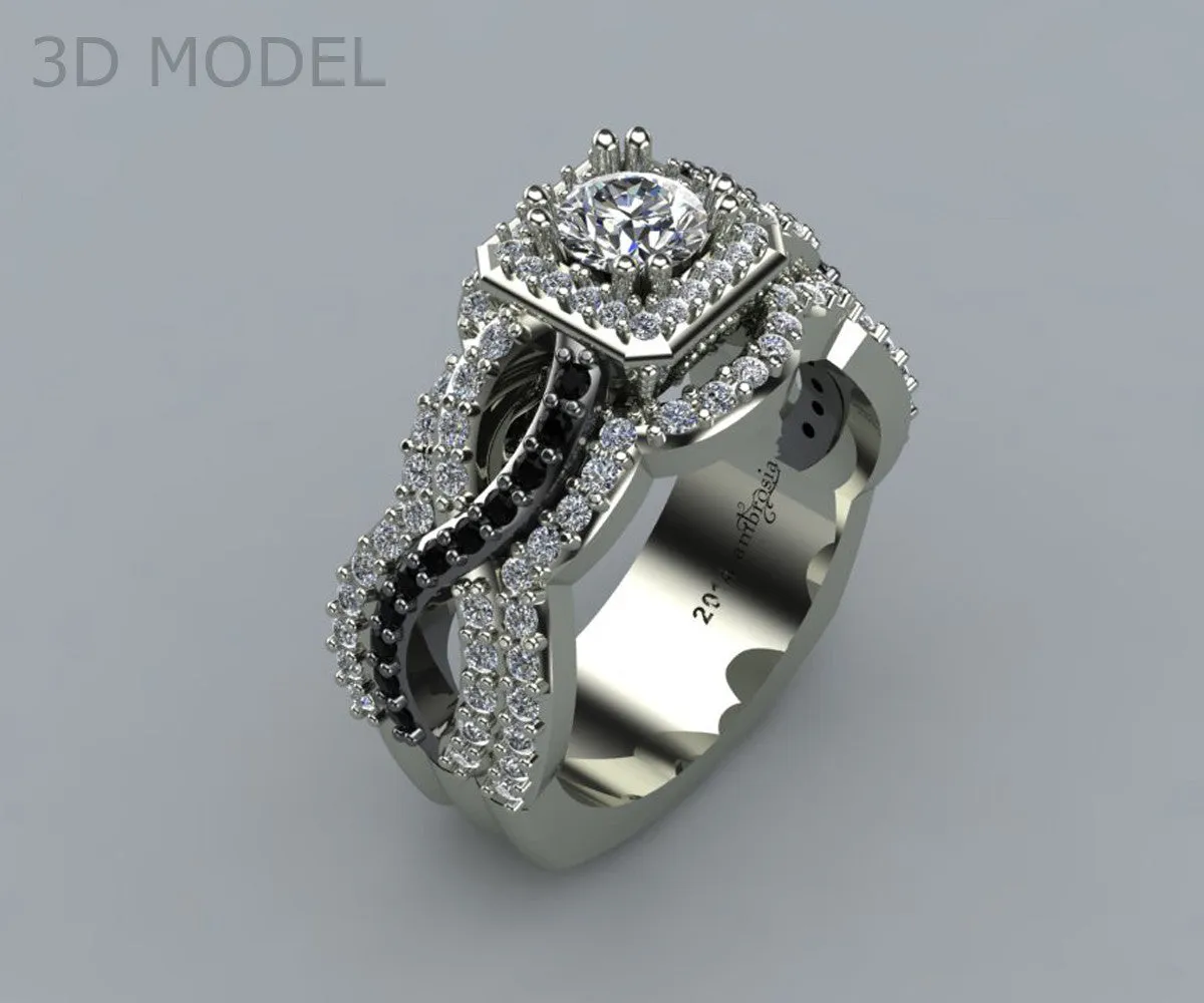 Black and White Diamond Halo Wedding Ring Set