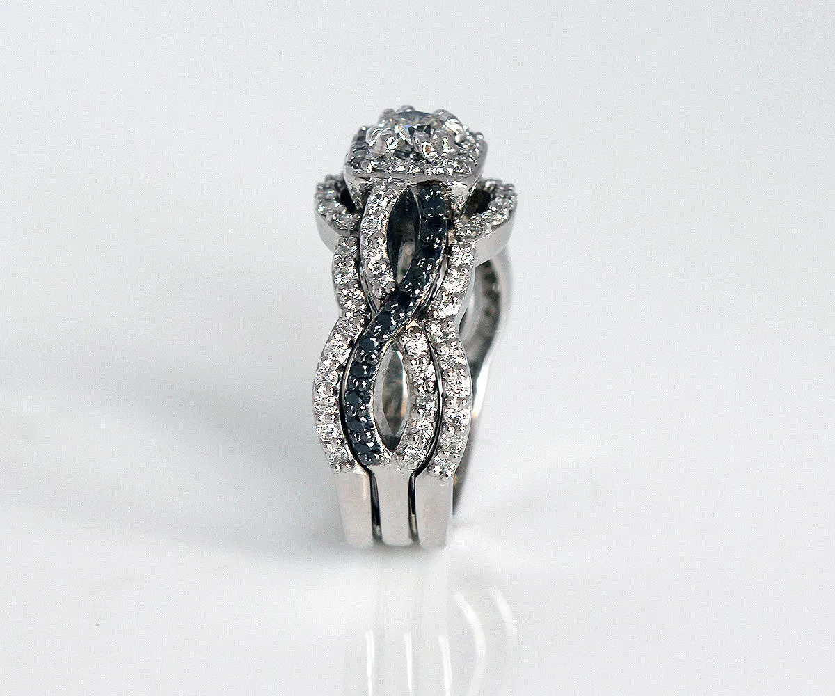 Black and White Diamond Halo Wedding Ring Set