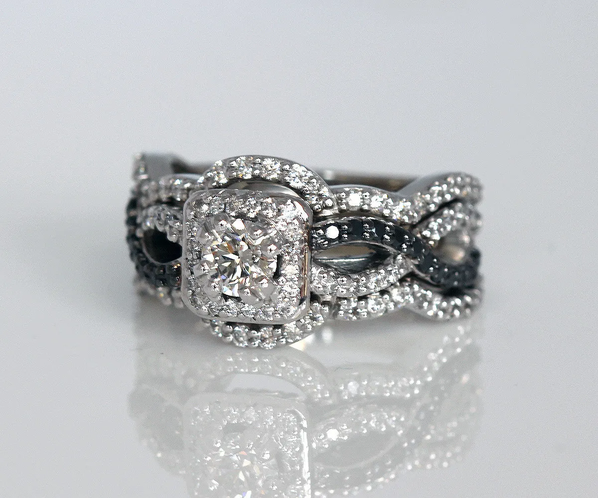 Black and White Diamond Halo Wedding Ring Set
