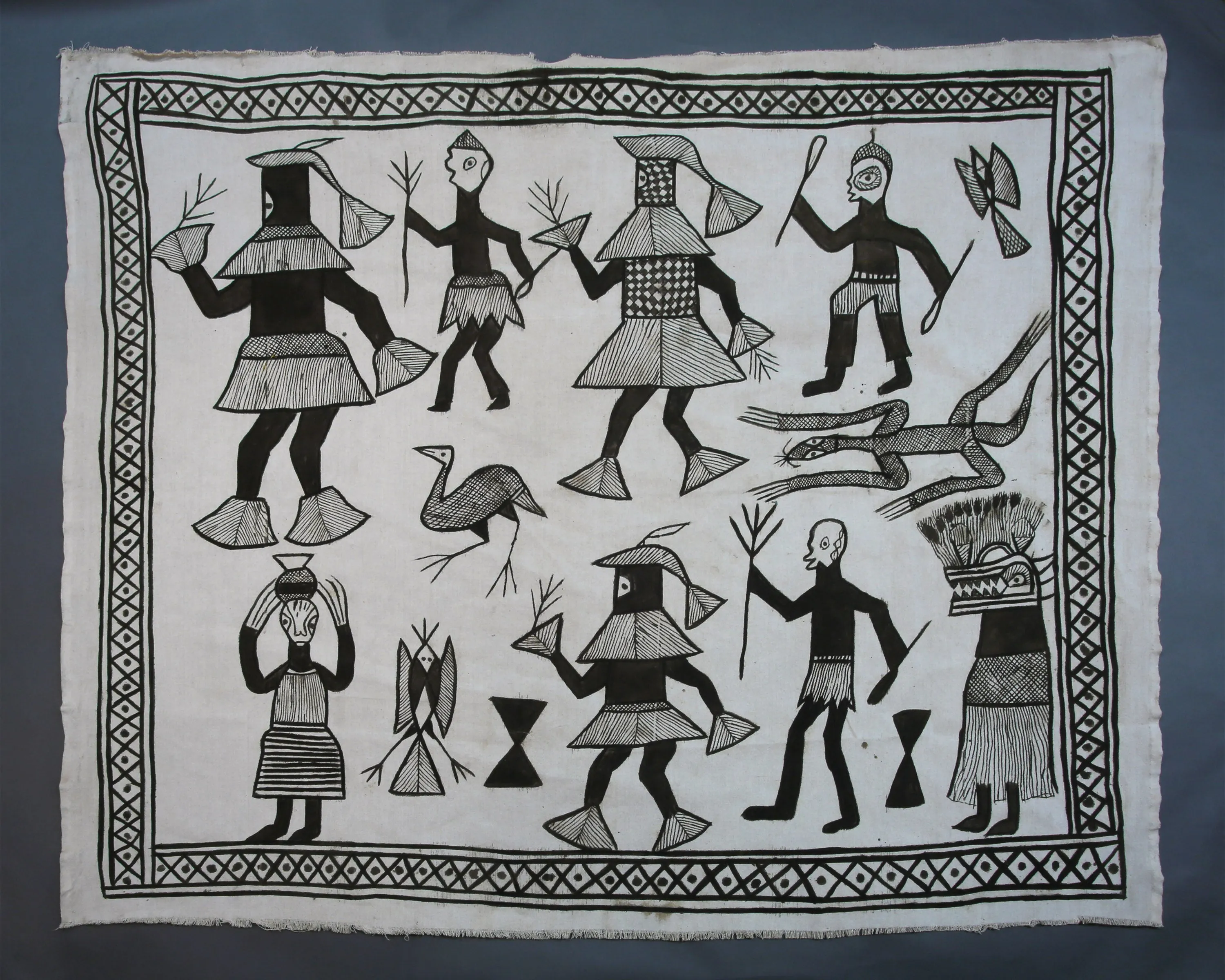 Hand Painted, Black White, Decorative African Senufo Mudcloth Cotton Textile