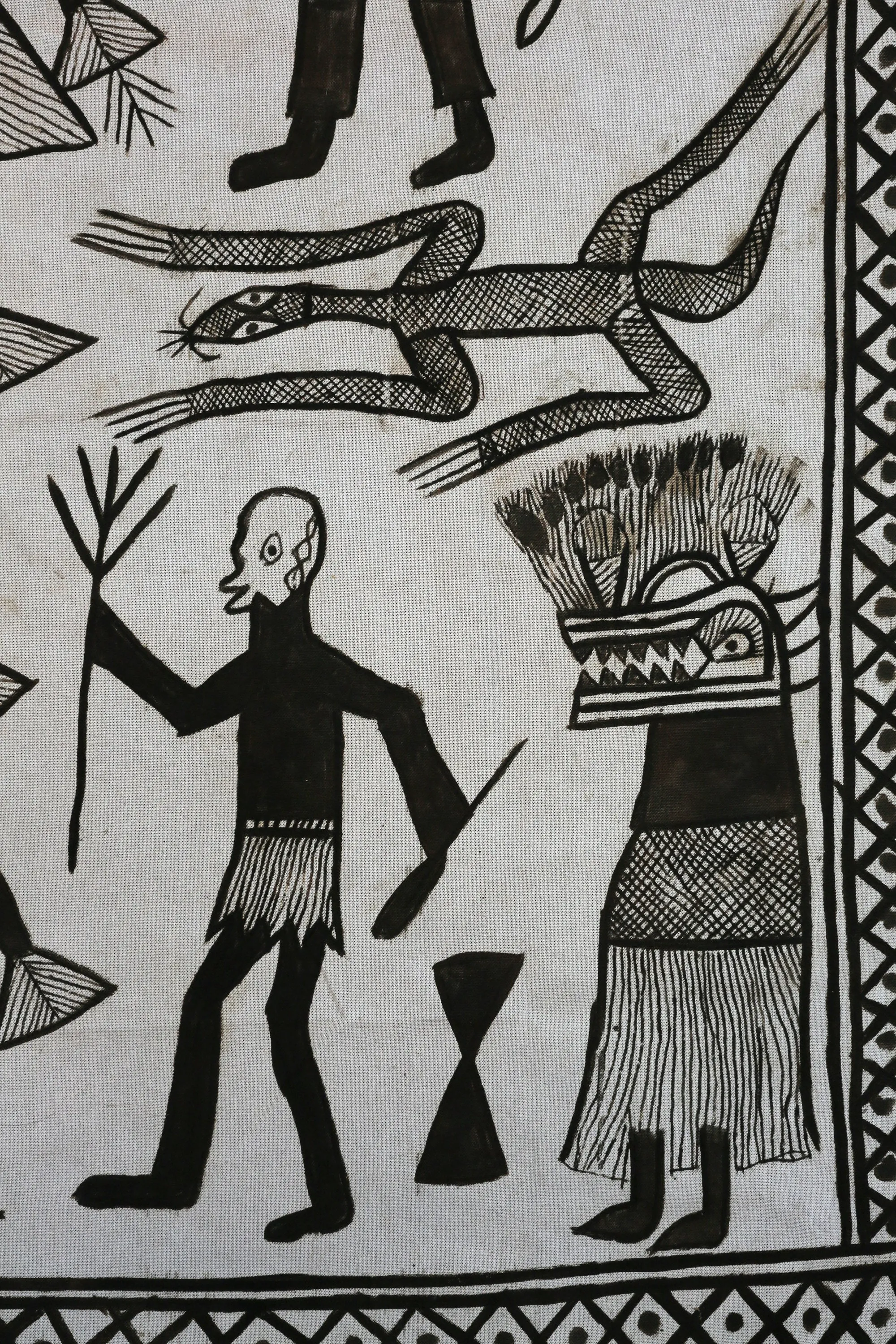 Hand Painted, Black White, Decorative African Senufo Mudcloth Cotton Textile