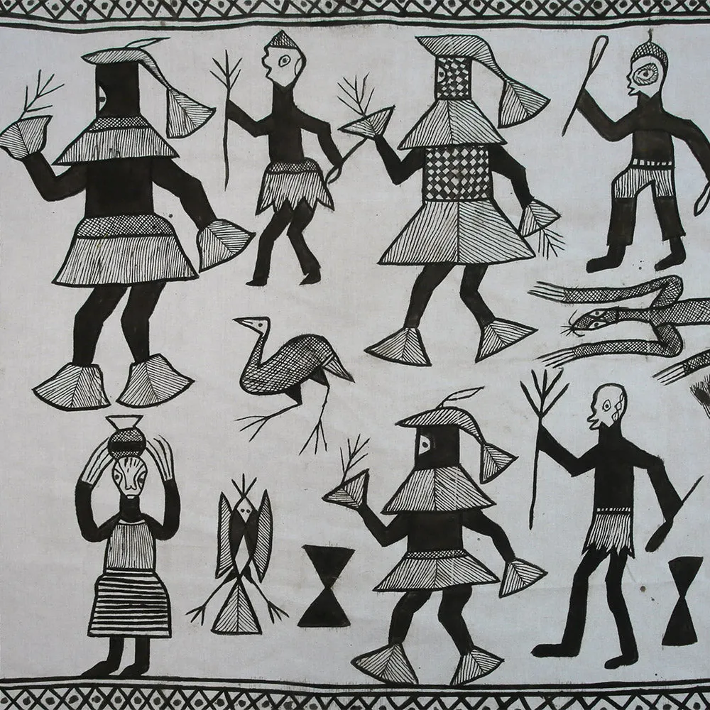 Hand Painted, Black White, Decorative African Senufo Mudcloth Cotton Textile