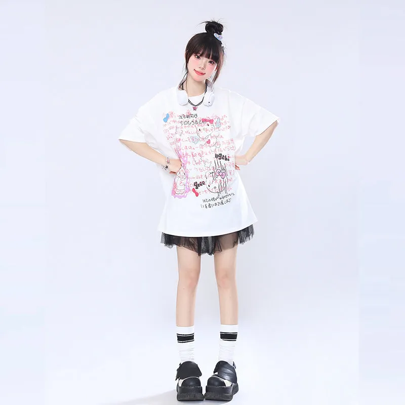 Kawaii Japanese Hello Kitty Graffiti Print T-shirt