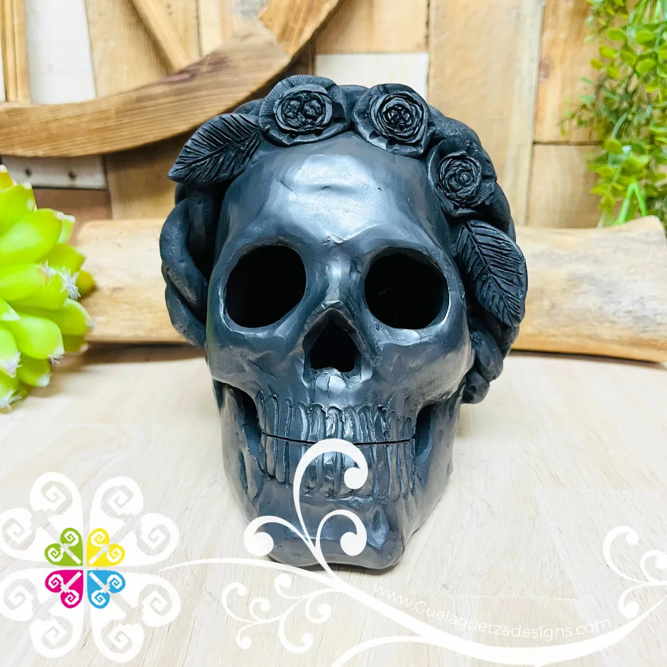 Medium Frida Skull  - Black Clay Oaxaca