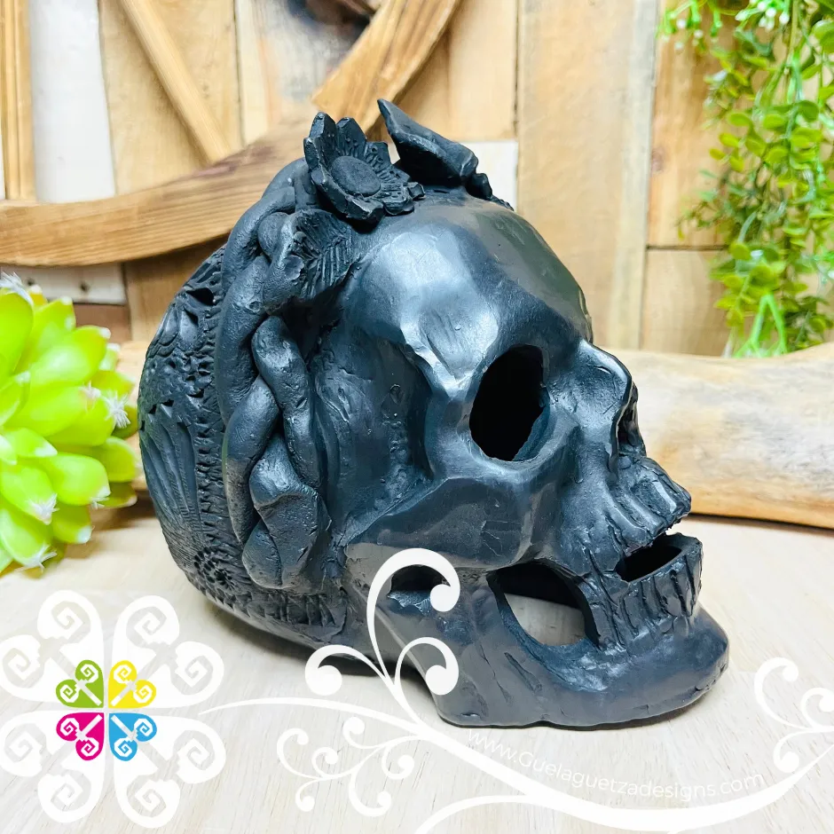 Medium Frida Skull  - Black Clay Oaxaca