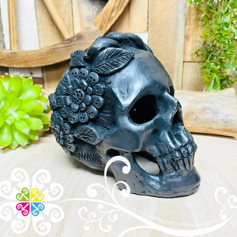 Medium Frida Skull  - Black Clay Oaxaca