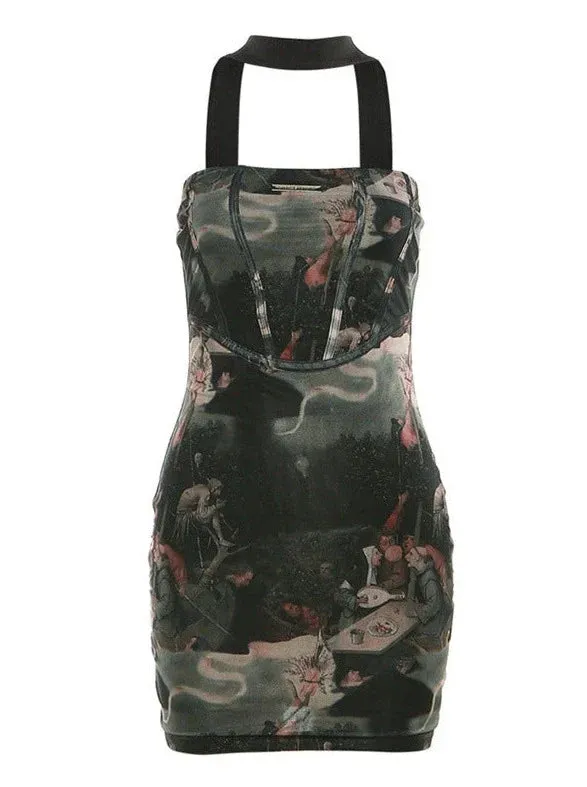 Neckhole Illustration Retro Art Dress