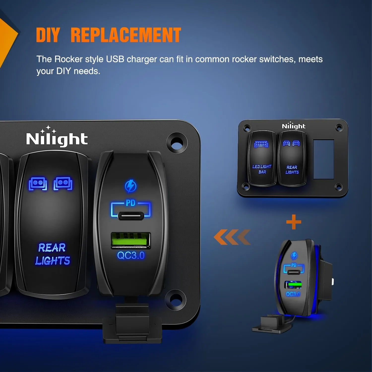 PD Type C QC 3.0 USB Fast Charge Socket Rocker Switch Style
