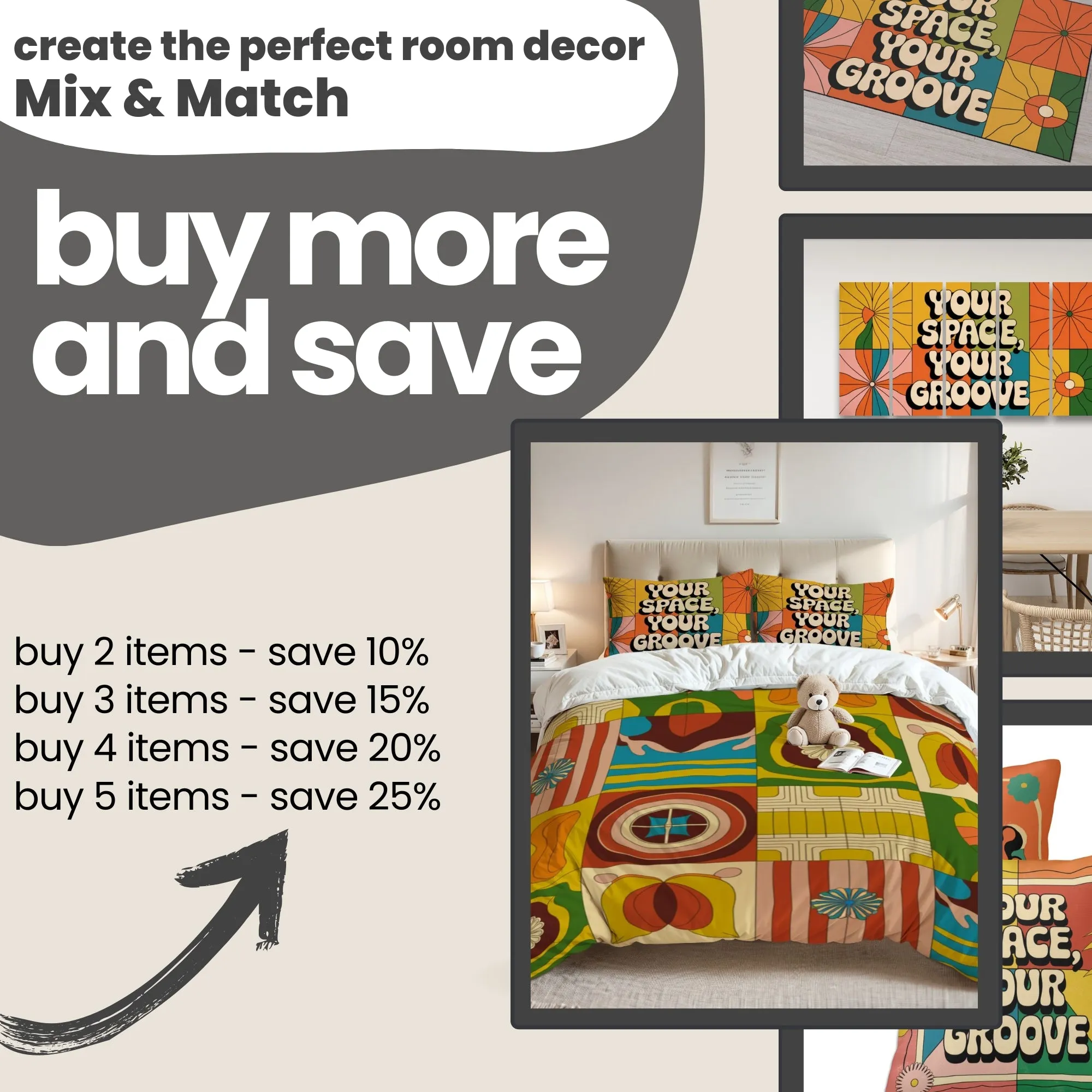 Retro Groovy Triptych Wall Art 70s Aesthetic 5-Panel Canvas Print