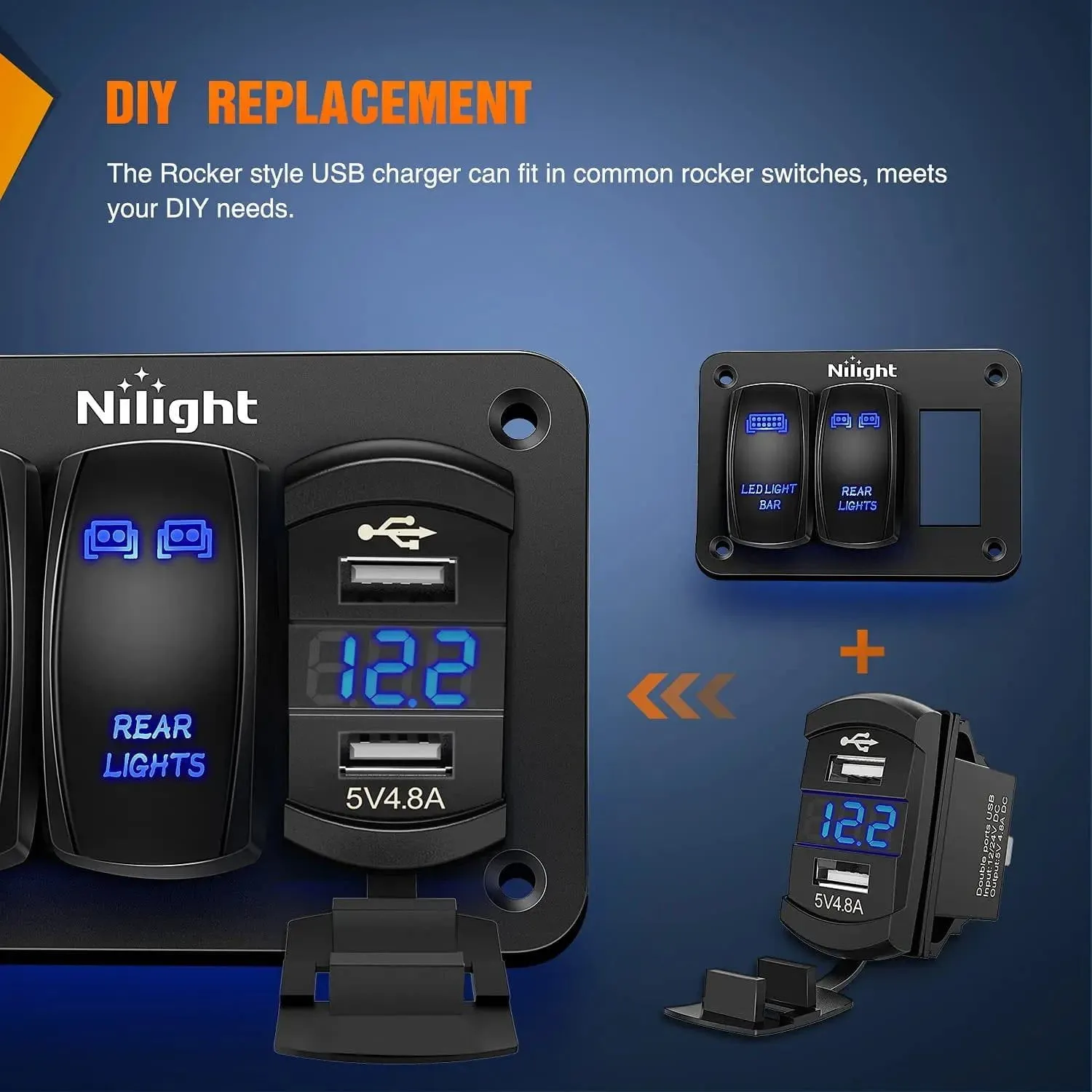 Rocker Switch Style Dual USB Charger LED Voltmeter