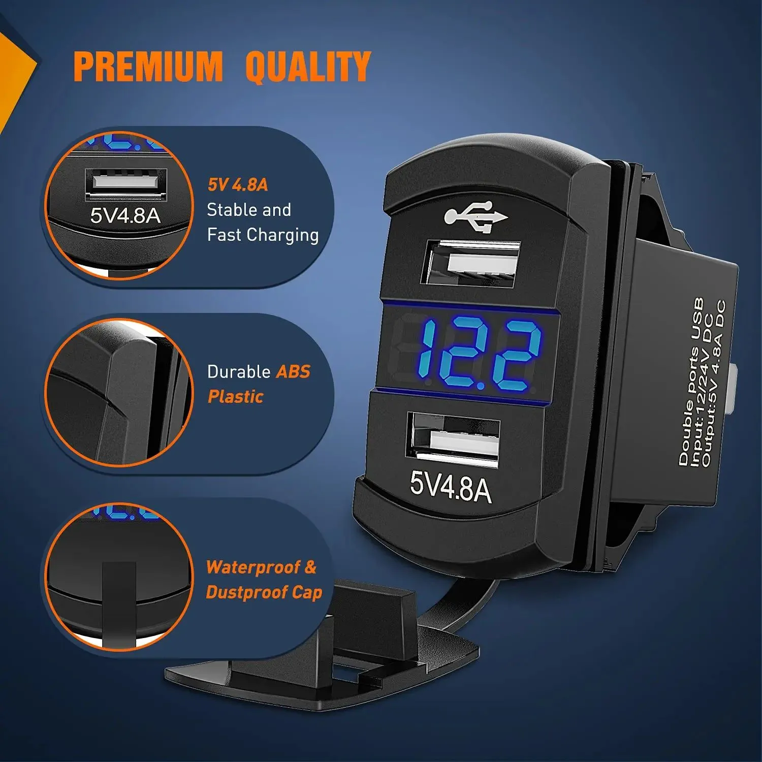 Rocker Switch Style Dual USB Charger LED Voltmeter