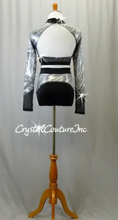 Silver and Black Patterned Long Sleeve Top and Trunks - Swarovski Rhinestones