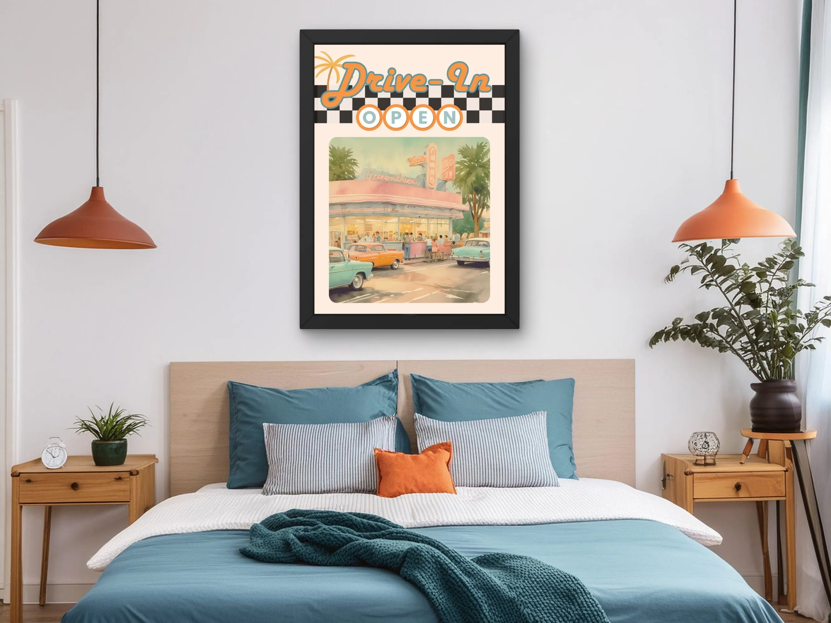Vintage Drive-In Wall Art, Retro Diner Print, Classic Cars Digital Poster