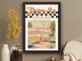 Vintage Drive-In Wall Art, Retro Diner Print, Classic Cars Digital Poster