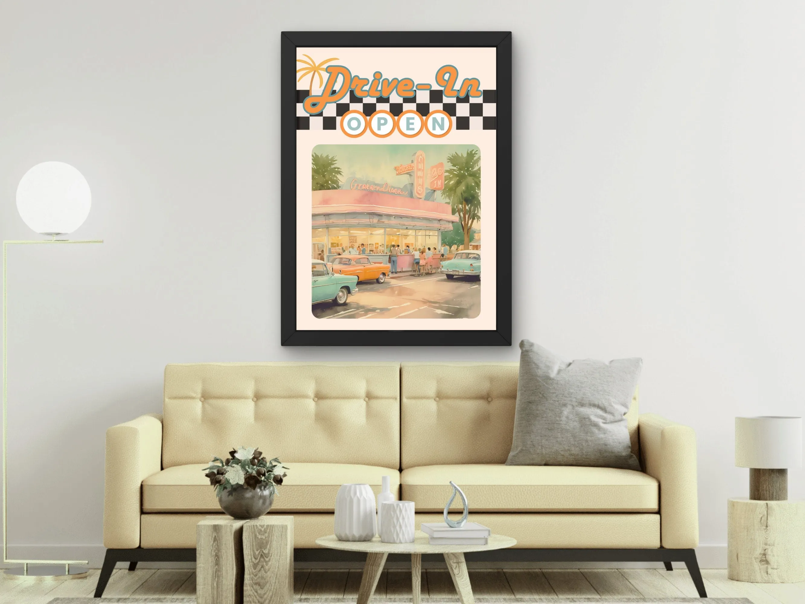 Vintage Drive-In Wall Art, Retro Diner Print, Classic Cars Digital Poster
