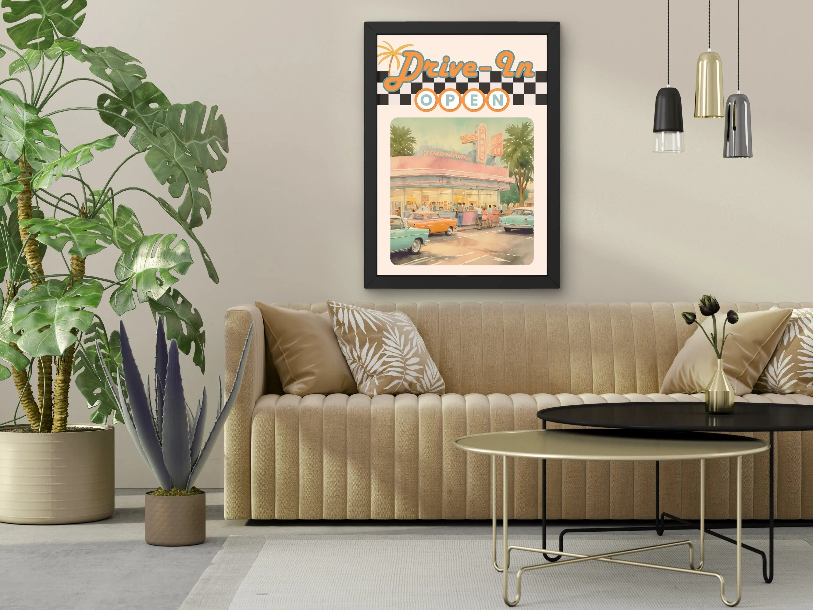 Vintage Drive-In Wall Art, Retro Diner Print, Classic Cars Digital Poster