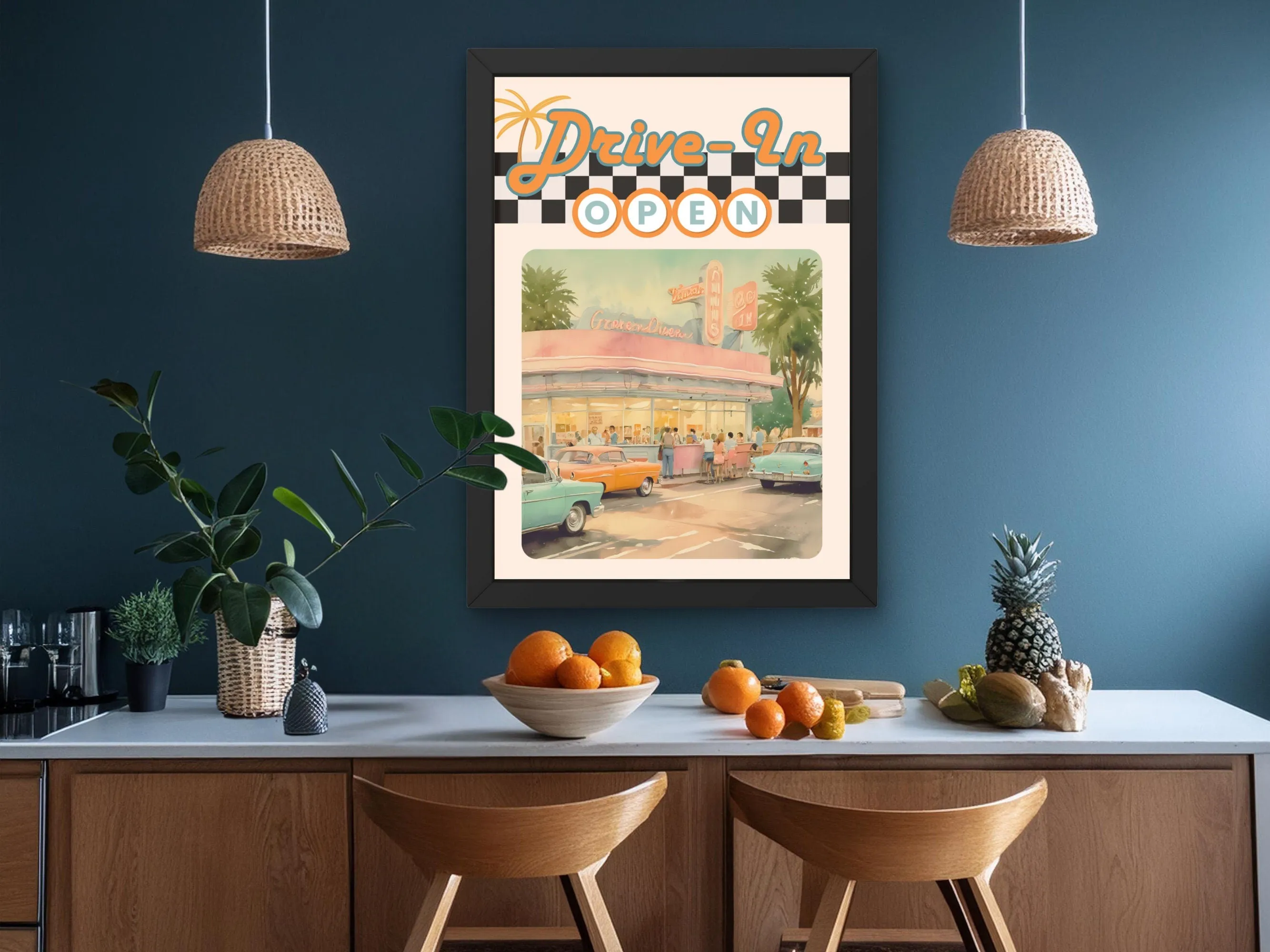 Vintage Drive-In Wall Art, Retro Diner Print, Classic Cars Digital Poster