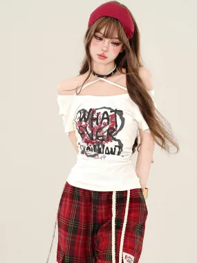 White Graffiti Letter Halter Top with Ruched Waist Detail